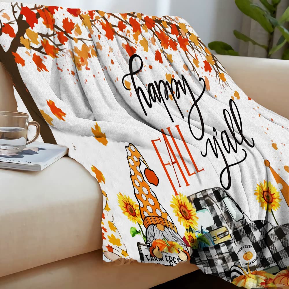 delaimastor Fall Pumpkin Blanket Super Soft Flannel Fleece Throw Blankets Gnomes Plaid Maple Leaves Farmhouse Blanket Cozy Warm Fuzzy Plush Microfiber Blankets for Couch Bed Sofa Thanksgiving Decor