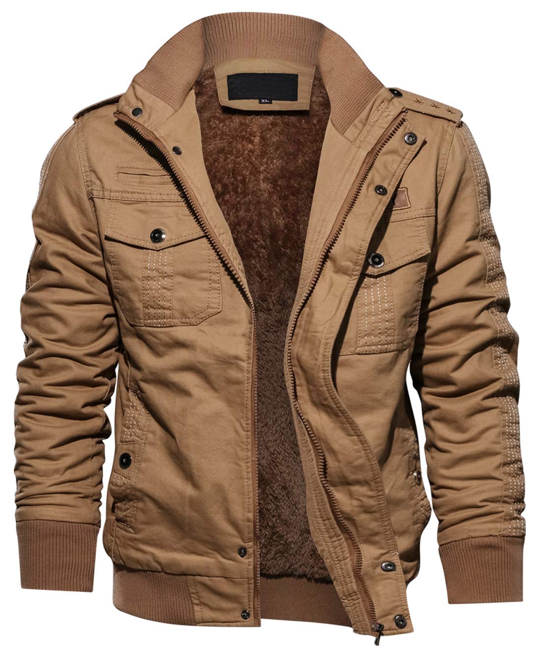 chroes Men's Sportswear Full Zip Sherpa Lined Military Outerwear Bomber Jacket |Khaki |S-picture-30