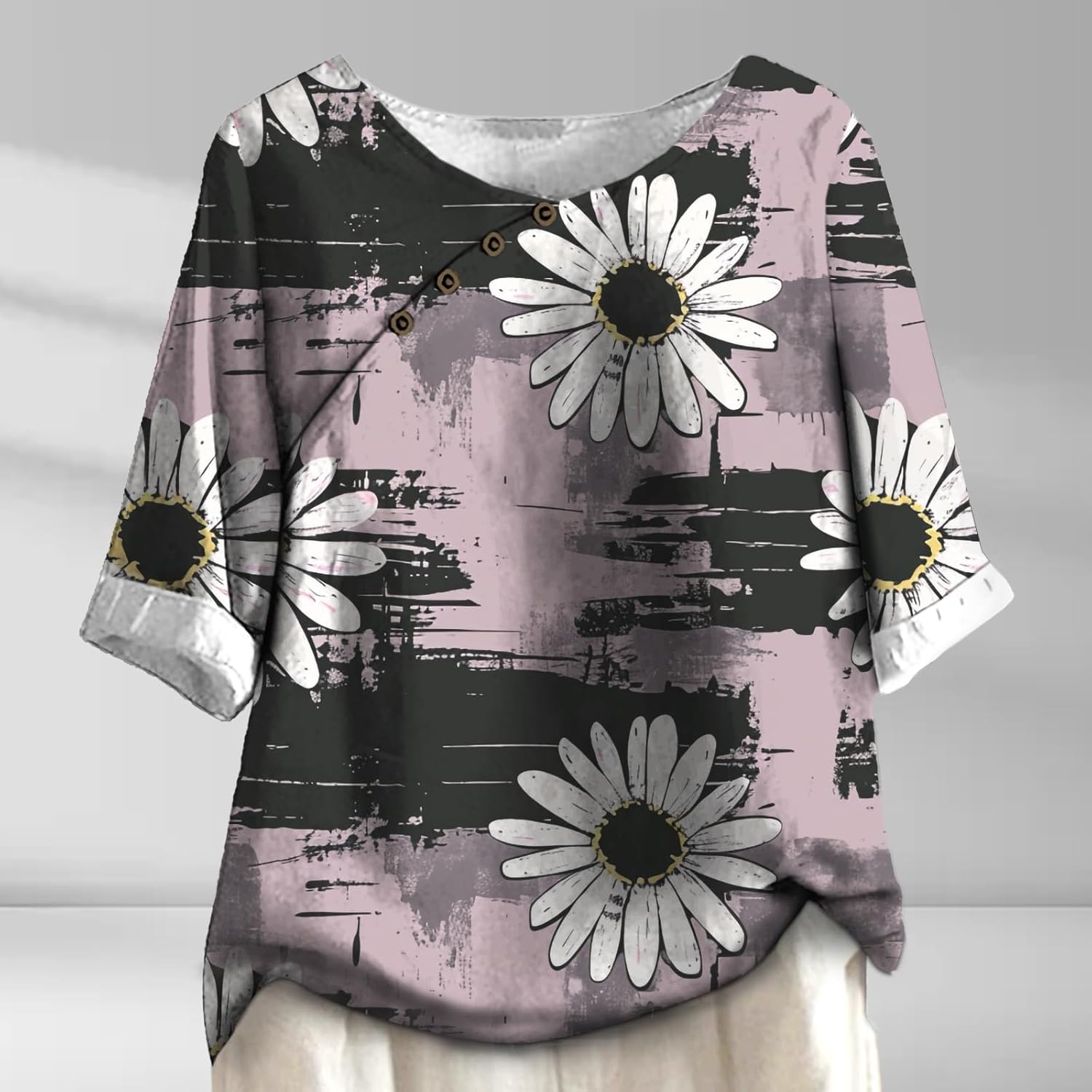 Summer Tops Blouse for Women Half Sleeve Crewneck Side Button T Shirts Boho Print Trendy Dressy Loose Casual Clothes - Image 2