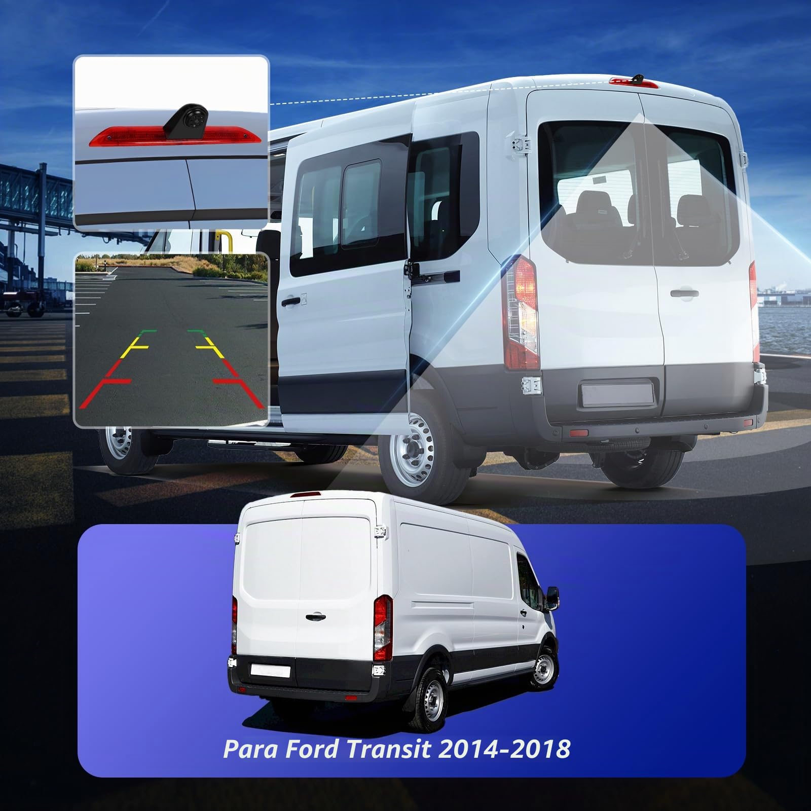 SIXWIN Cámara Marcha Atrás para Ford Transit 2014-2018, Específica Luz de Freno, 140° Gran Angular, IP67 Impermeable, Visión Nocturna, Conexión por Cable, Kit Completo de Instalación