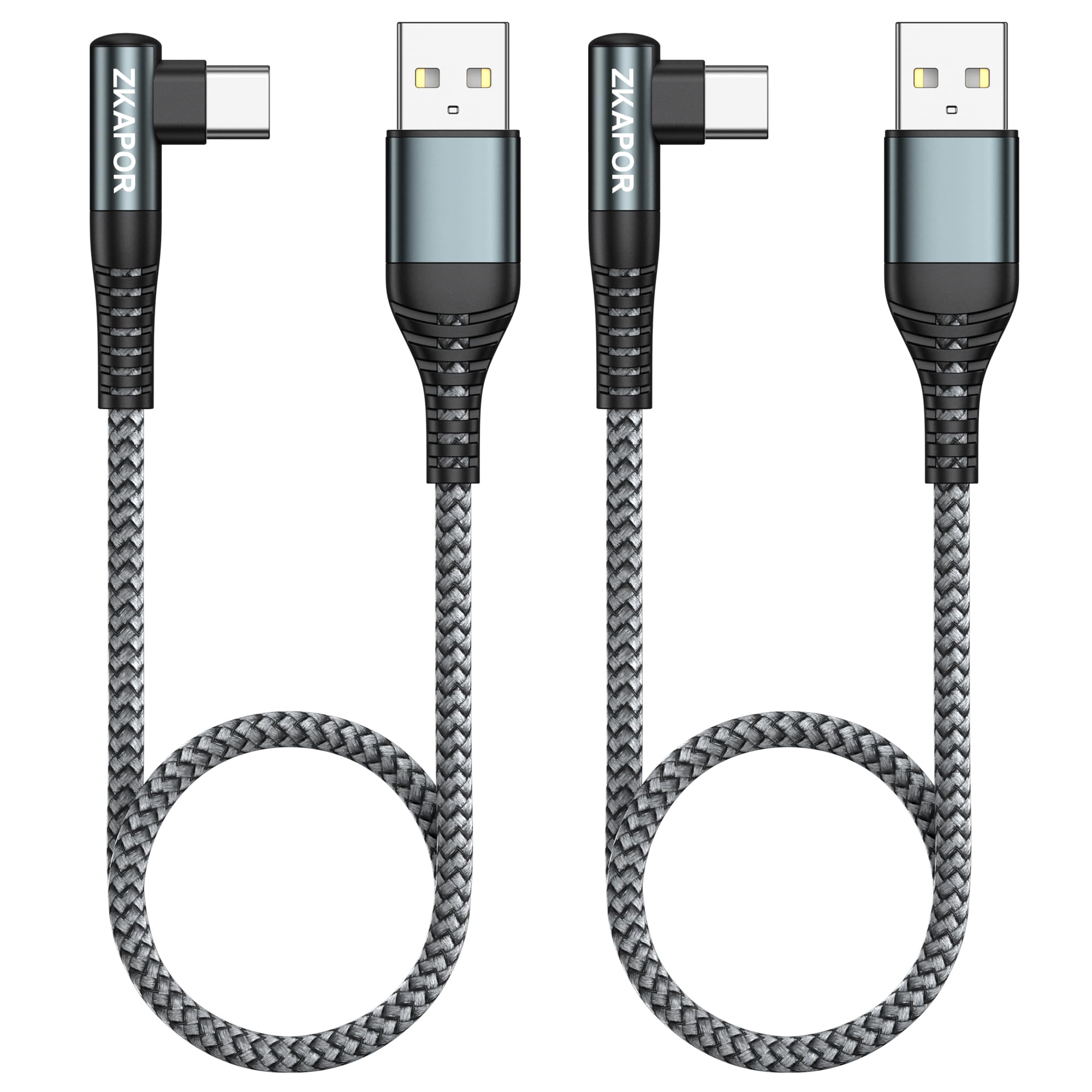 ZKAPOR Cavo USB Tipo C [2Pezzi, 30CM], 90 Gradi Cavo USB C di Ricarica Rapida 3.1A Nylon Intrecciato per iPhone 15/15 Pro Max, Samsung Galaxy S23/S22/S21, Note 10, P40/P30, Google Pixel -Grigio