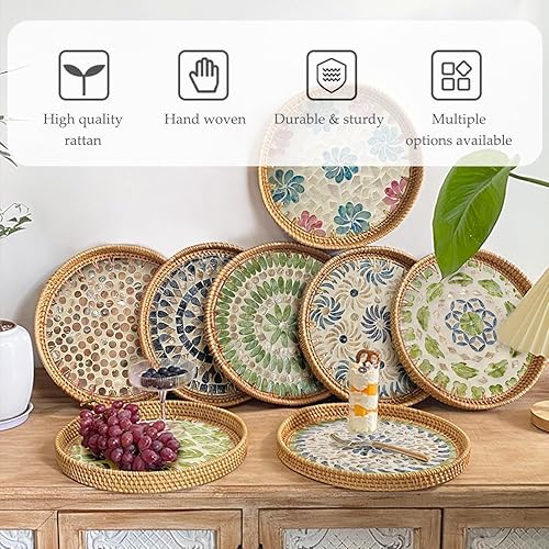 Miniatura 5 de Bandeja redonda de ratán de 12 pulgadas con incrustaciones de madreperla, bandeja decorativa para comer, bandeja de mesa de café, bandeja de mimbre
