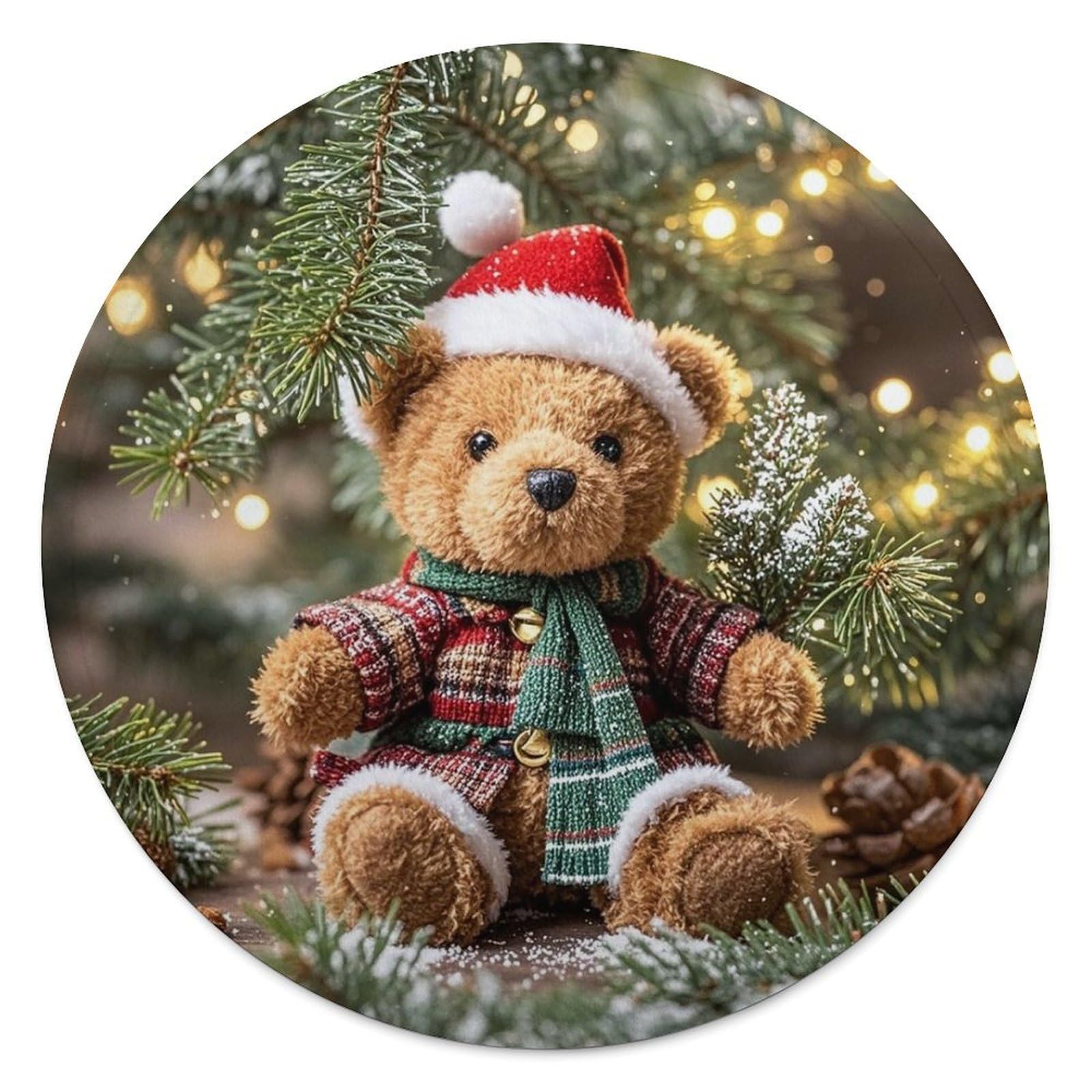Couverture ronde de Noël avec motif branche et ours imprimé en peluche douce