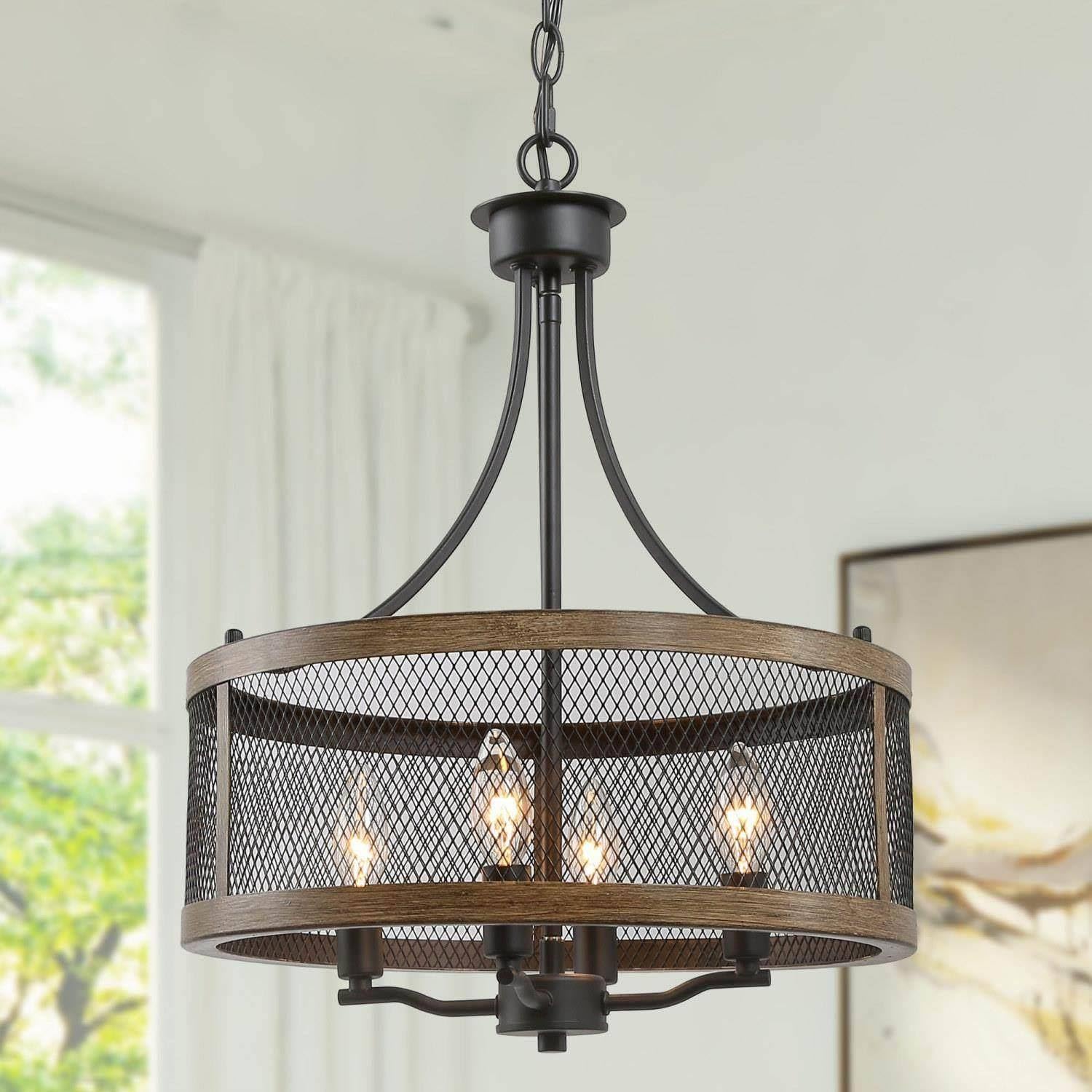 KSANA Farmhouse Chandelier, 4-Light Rustic Drum Pendant Lights, 16’’ Faux Wood Chandeliers Hanging Light Fixture for Dining Room, Bedroom, Living Room, Foyer, Entryway