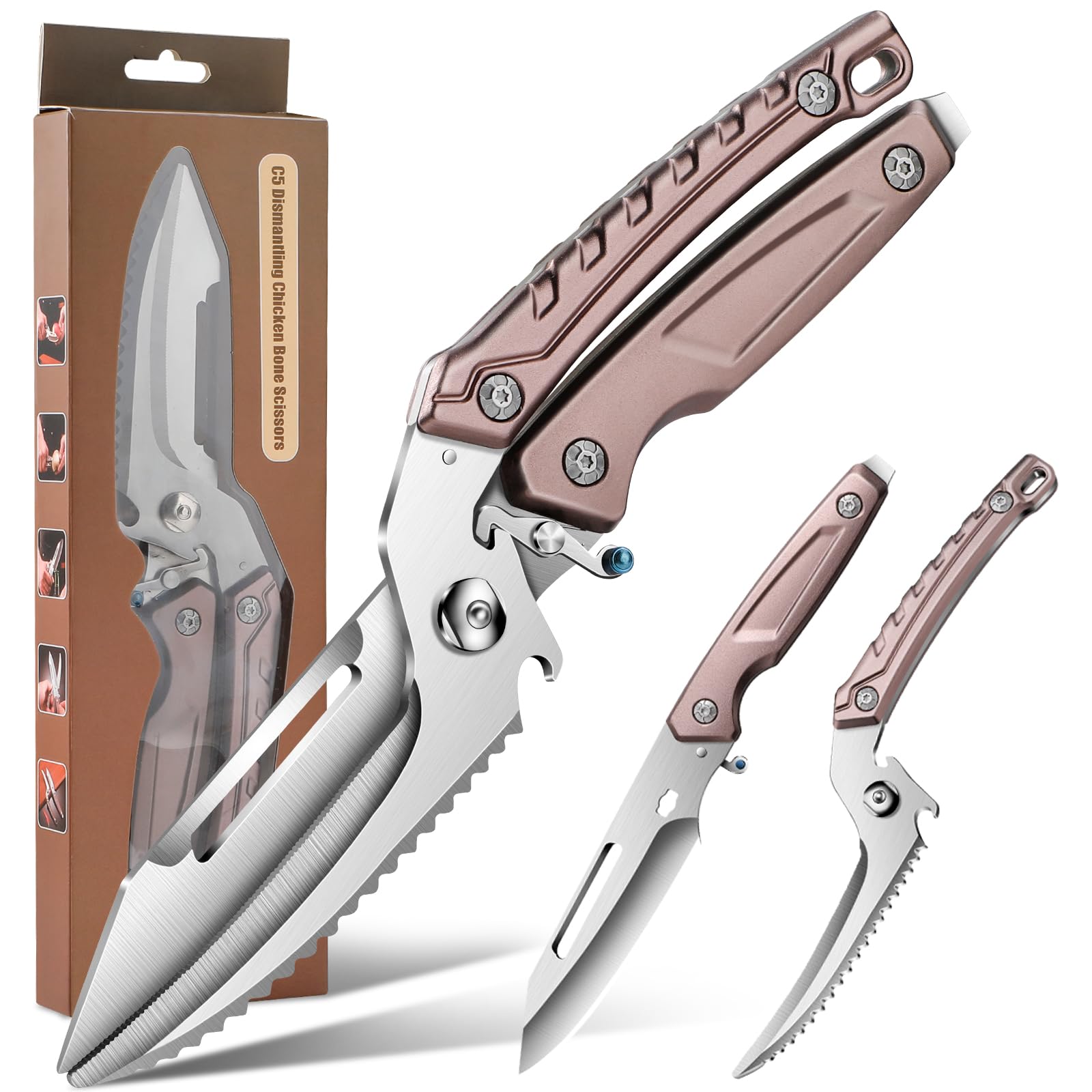 Geflügelschere Scharfe Küchenschere Schere Küche: Scharf Abnehmbare Haushaltsschere Heavy Duty Fleischschere zum Schneiden von Knochen Geflügel Gemüse Meeresfrüchte Knochenschere Braun