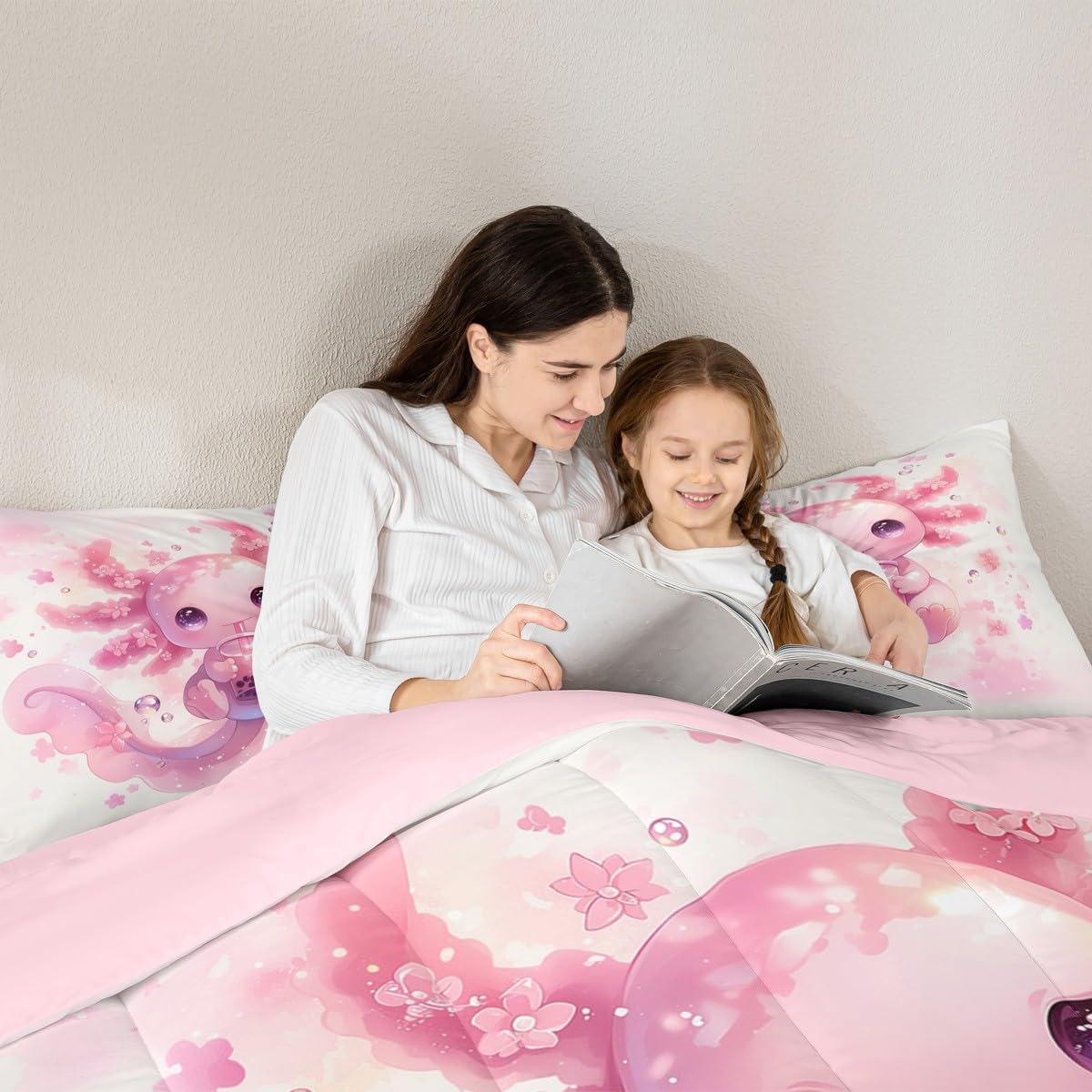 Cute Axolotl Duvet Quilt Kids Cartoon Salamander Bedding Set Toddler Size Kawaii Ocean Sealife Comforter Set for Women Men Room Decor Breathable Soft Lightweight Microfiber Floral with 1 Pillow Case