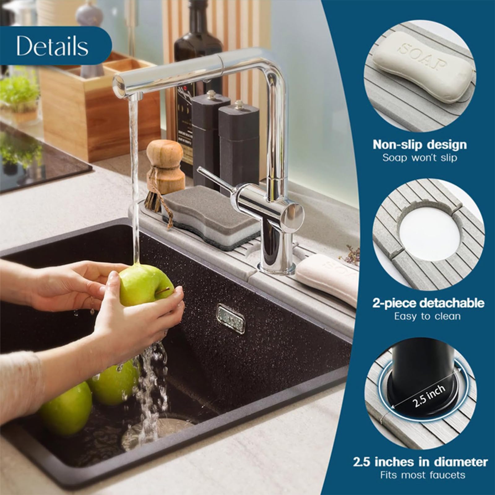 DK177 Diatomite Tapis de robinet à séchage rapide pour évier de cuisine, plateau en pierre absorbant l'eau, protection anti-éclaboussures pour comptoir de salle de bain, blanc, 60 x 10 cm