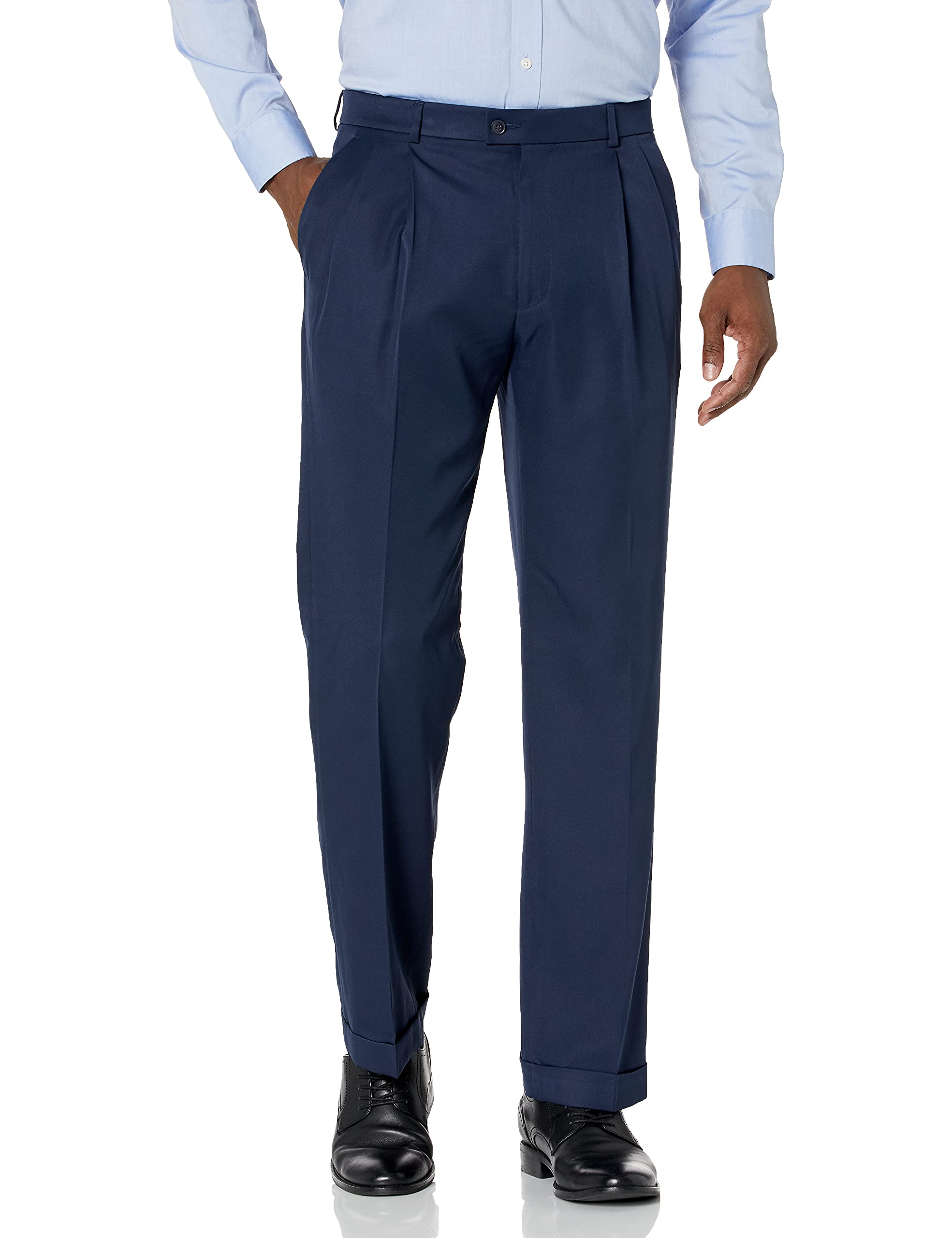 Perry Ellis Portfolio Mens Double Pleated Dress Pants with Elastic Waist Classic Fit Stretch Non-iron Fabric