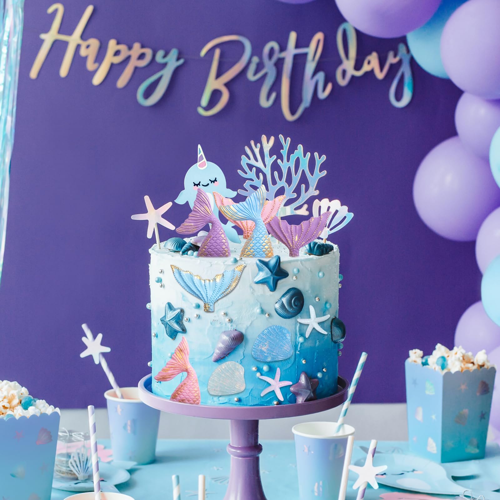 Bogoro Decoration Gateau Sirène Violette - Décorations Anniversaire Petite Sirène Queue De Sirène
