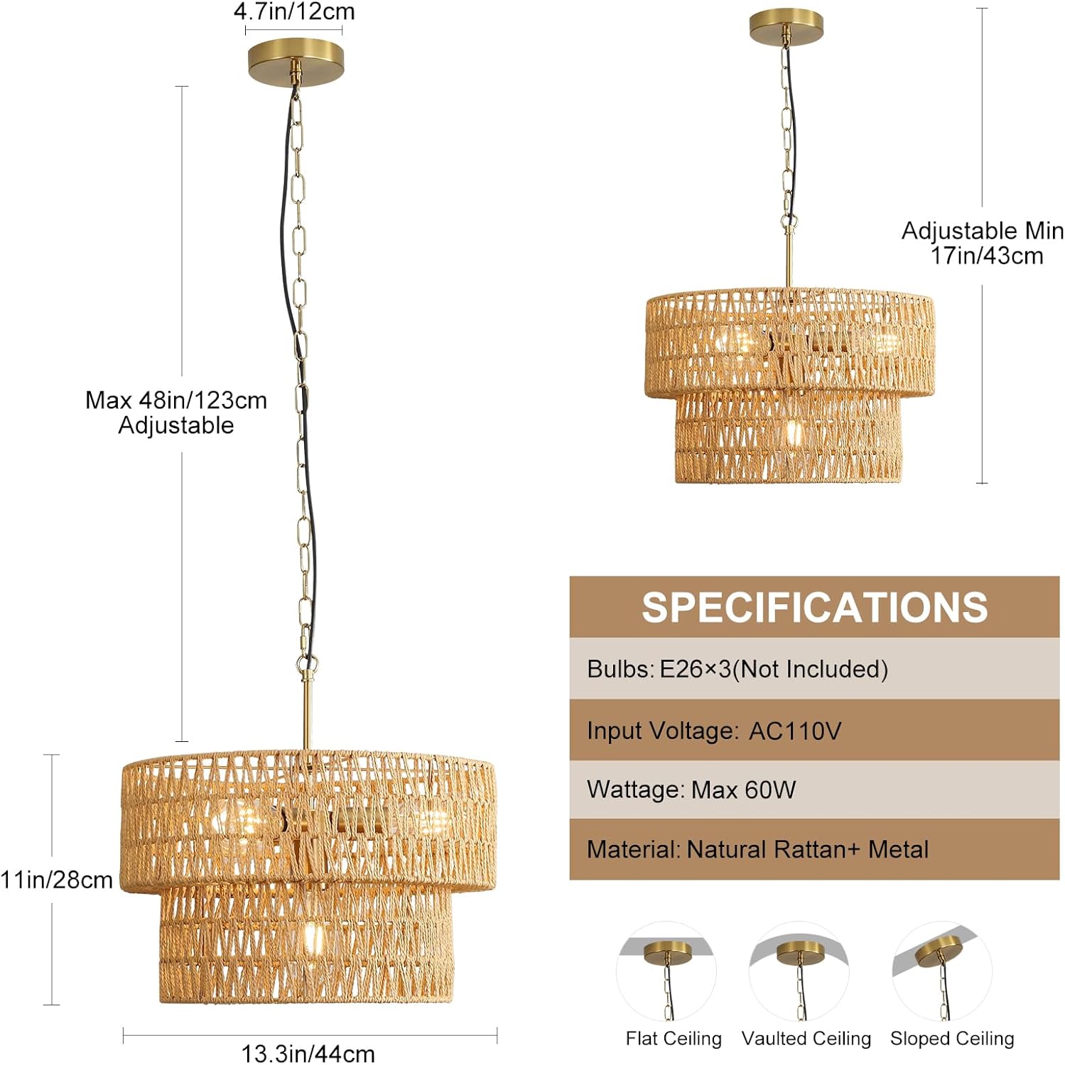 13.3'' Rattan Chandelier for Dining Room, Boho Pendant Lights Kitchen Island with Drum Hand Woven Wicker Shade, Farmhouse 2-Tier Golden Hanging Ceiling Light Fixtures for Entryway Living Room Foyer