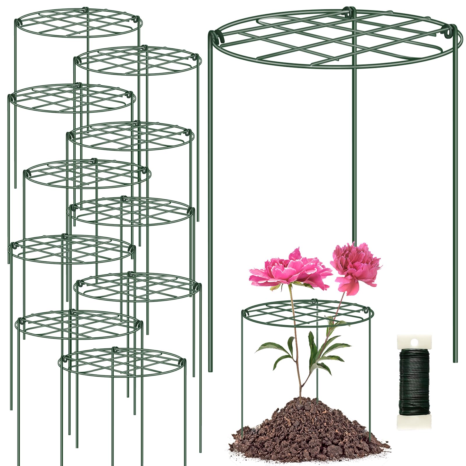 10 Pack Peony Cages and Supports 12 x 16 Inch Grow Through Plant Supports for Outdoor Plants,Plant Brace Flower Support Rings Hoops for Vegetables,Rose,Tomato,Orchids 10pack/12 x 16 inch