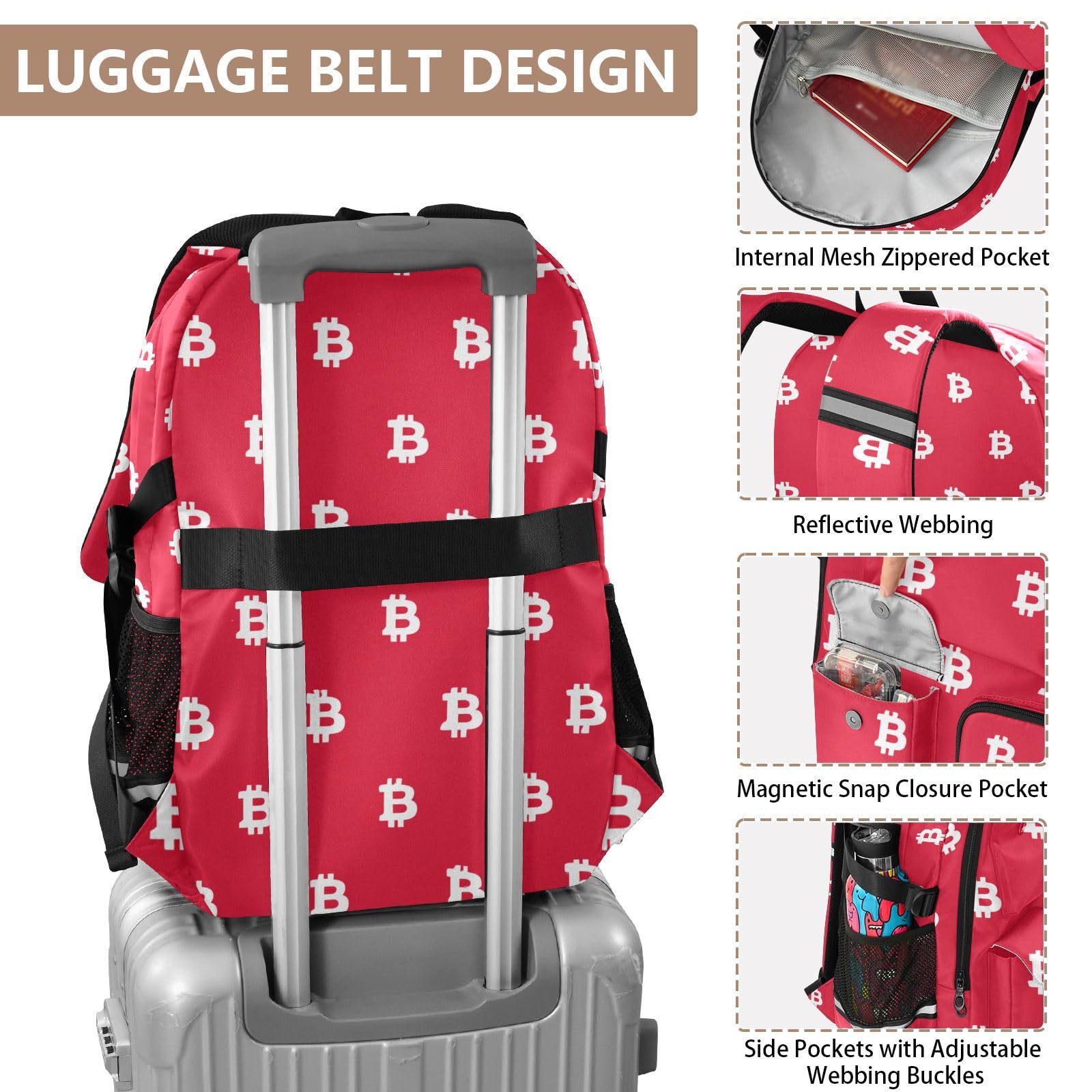 Sac à dos de voyage pour ordinateur portable pour homme et femme avec panneau Bitcoin blanc rouge sac à dos de travail 44,5 cm avec compartiment pour ordinateur portable, sac décontracté léger