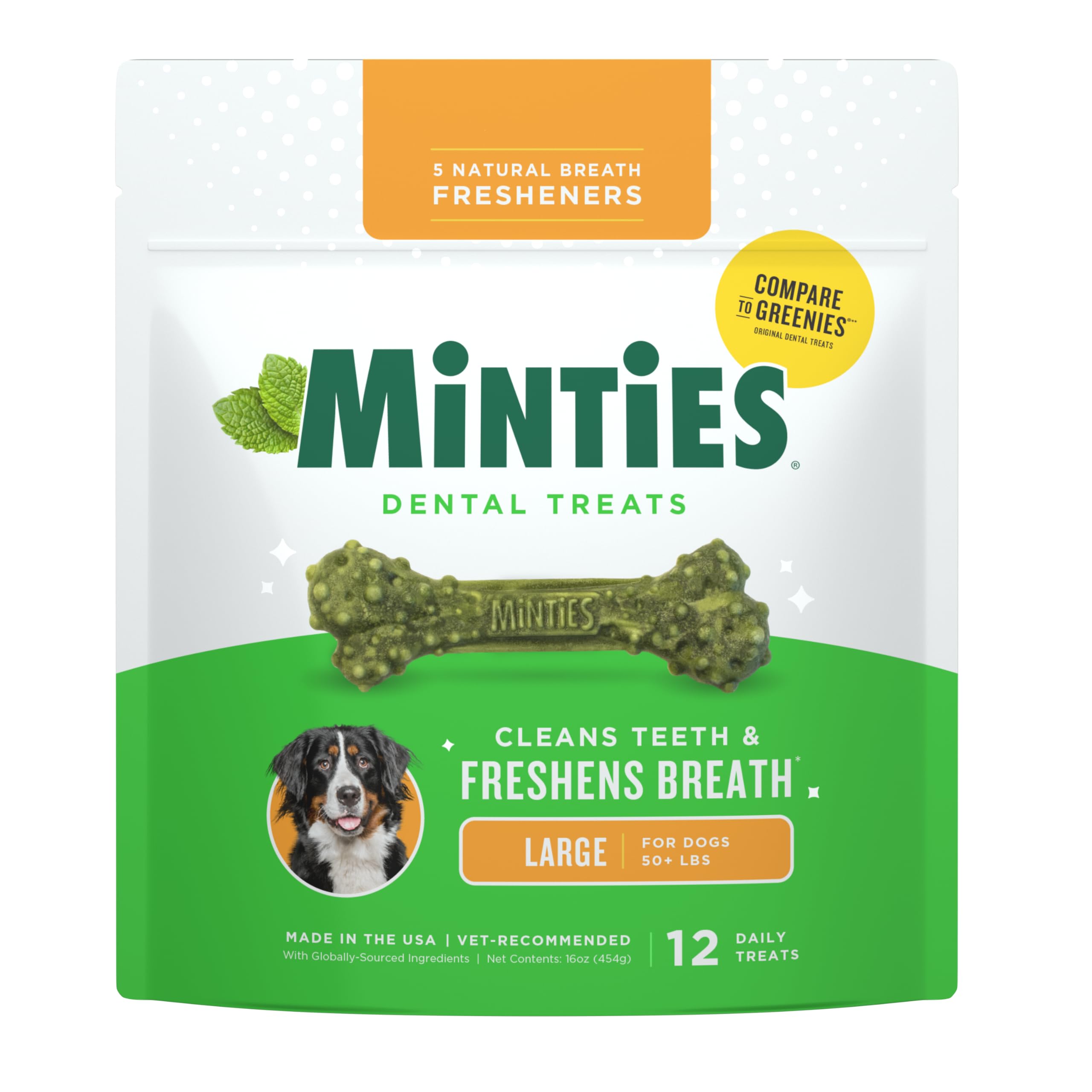 Minties Dental Chews for Dogs, 12 Count, Vet-Recommended Mint-Flavored Treats for Large Dogs Over 50 lbs, Dental Bones Clean Teeth, Fight Bad Breath,