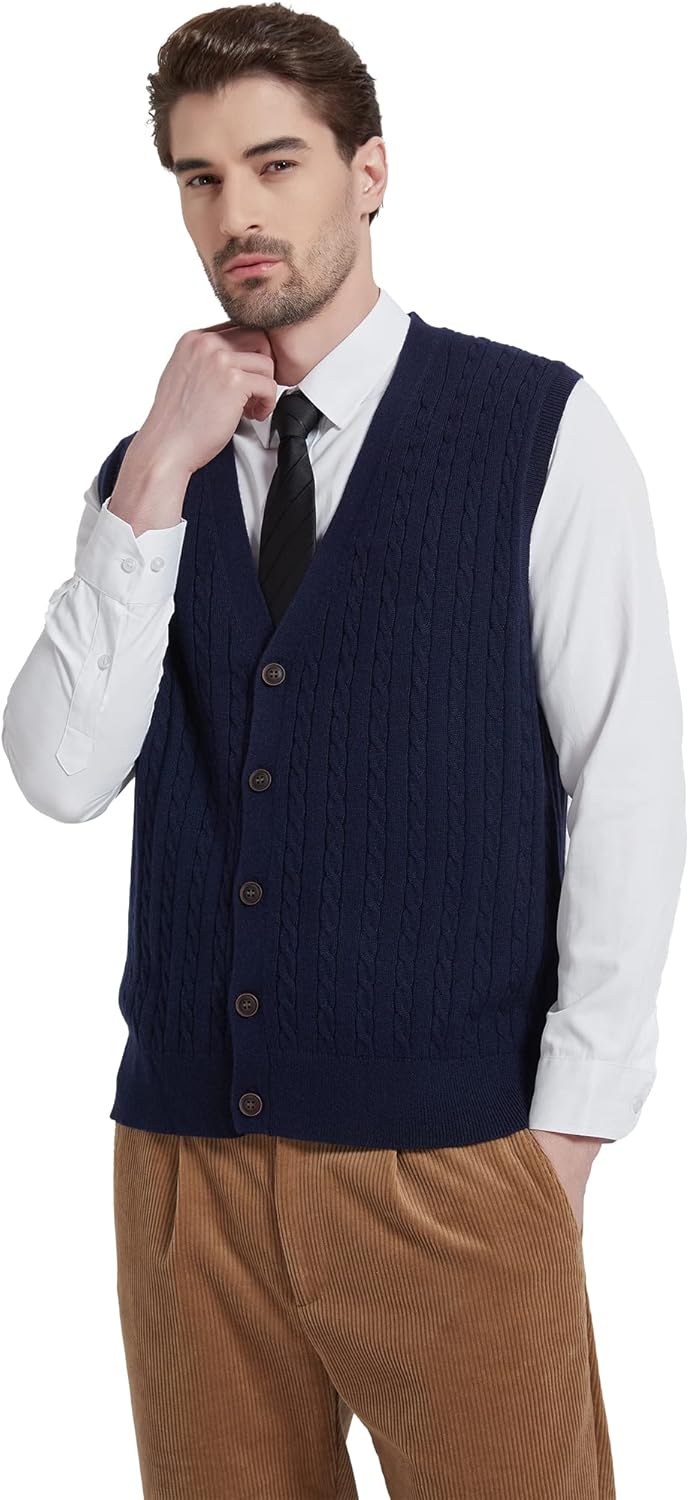 Kallspin Men's Cable Knit Sweater Vest Wool Blend V Neck Button Down Sleeveless Cardigan Vest - Image 8