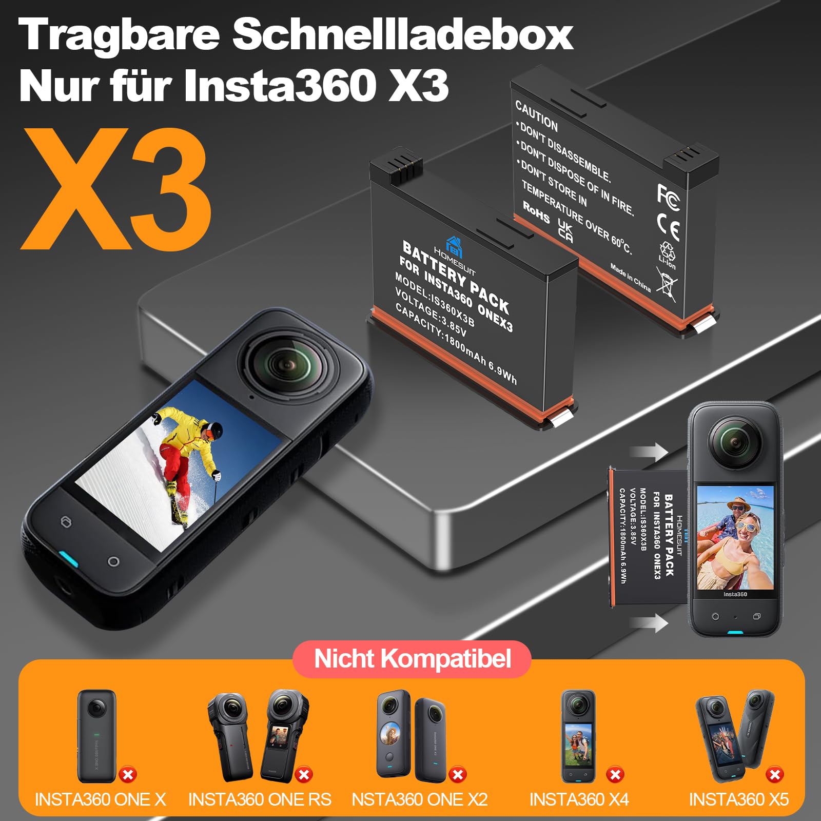 Homesuit Insta 360 X3 akumulator 1800mAh i zestaw ładowarki USB z diodami LED z gniazdkiem na karty pamięci Kompatybilny z kamerą Insta360 X3 Do 80 minut dodatkowego czasu nagrywania (2-pak)