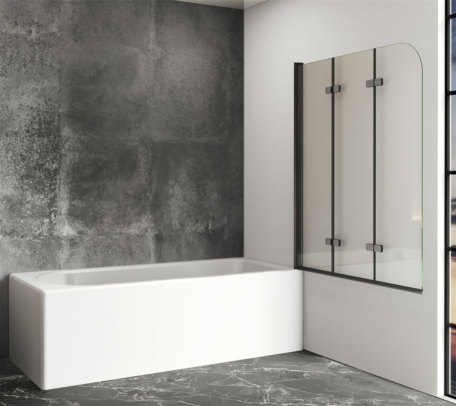 IMPTS Duschwand für Badewanne 140x140 cm Duschtrennwand Faltbare 3-teilig | 6 mm ESG Sicherheitsglas, Badewannenaufsatz 180º Faltbar, Rahmenloses Design, Transparentes Glas Schwarz