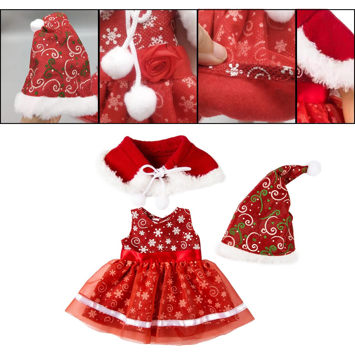 Clothes for Doll Onlvmyur Set of 5 Clothes Christmas Dolls Christmas Doll Costume Contains Dress, Skirt, Christmas Hat - Image 3