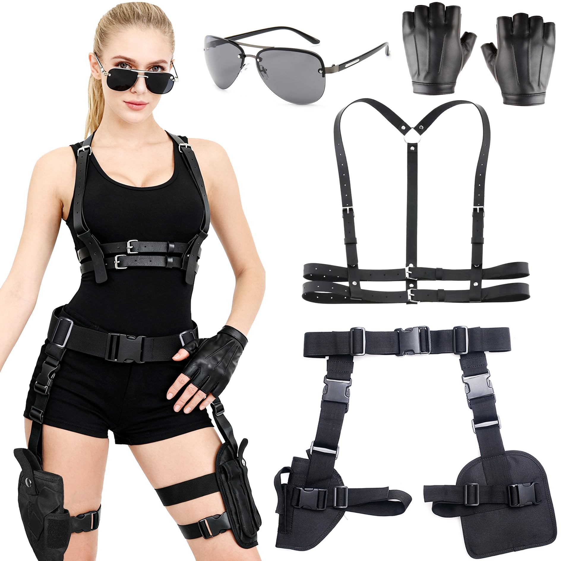 Hifot Doppia Fondina Pistola Cintura Harness Donna Nera Fondina Cosciale Tattica Occhiali da Sole Neri Guanti Pelle Senza Dita Porta Pistola Gamba Accessori Carnevale Poliziotta Donna Halloween