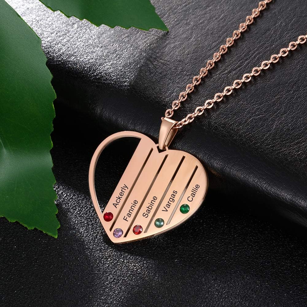 Personalized Hearts Necklace with 4/5/6 Simulated Birthstones for Women Customized Mothers Names Necklace for Mother's Day Relationship Necklace Family Name Necklaces for Mom (Rose gold, 5 names)