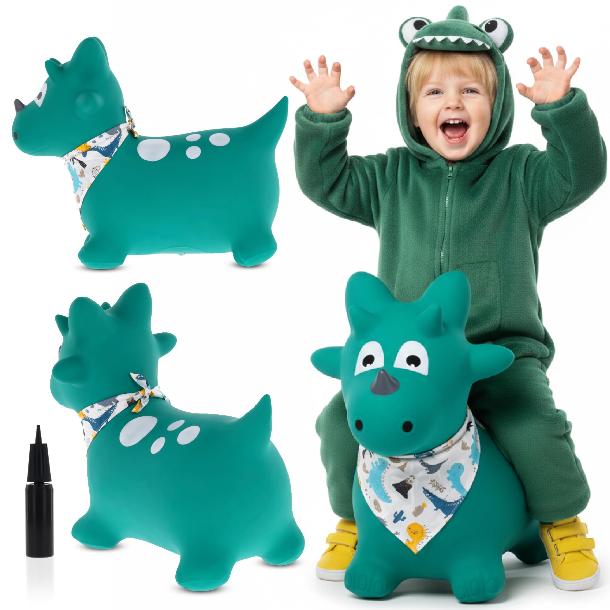 sun baby Animale Gonfiabile Che Salta, Giocattolo di 1 Anno, Saltarello per Bambini, Design ergonomico, Cavallo Giocattolo, Pompa Manuale Inclusa (Dino Verde con Bandana)