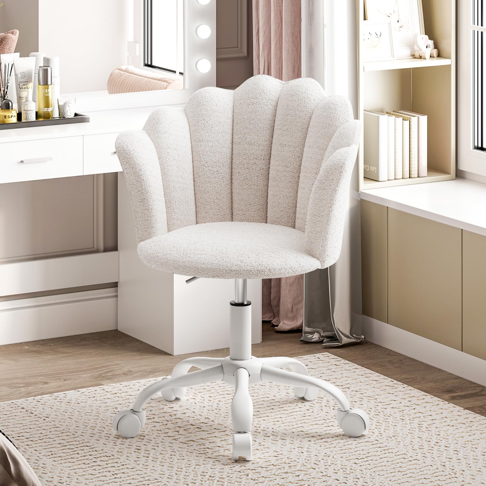 Vanity Chair with Wheels, Fabric Swivel Desk Chair with Petal Back Support