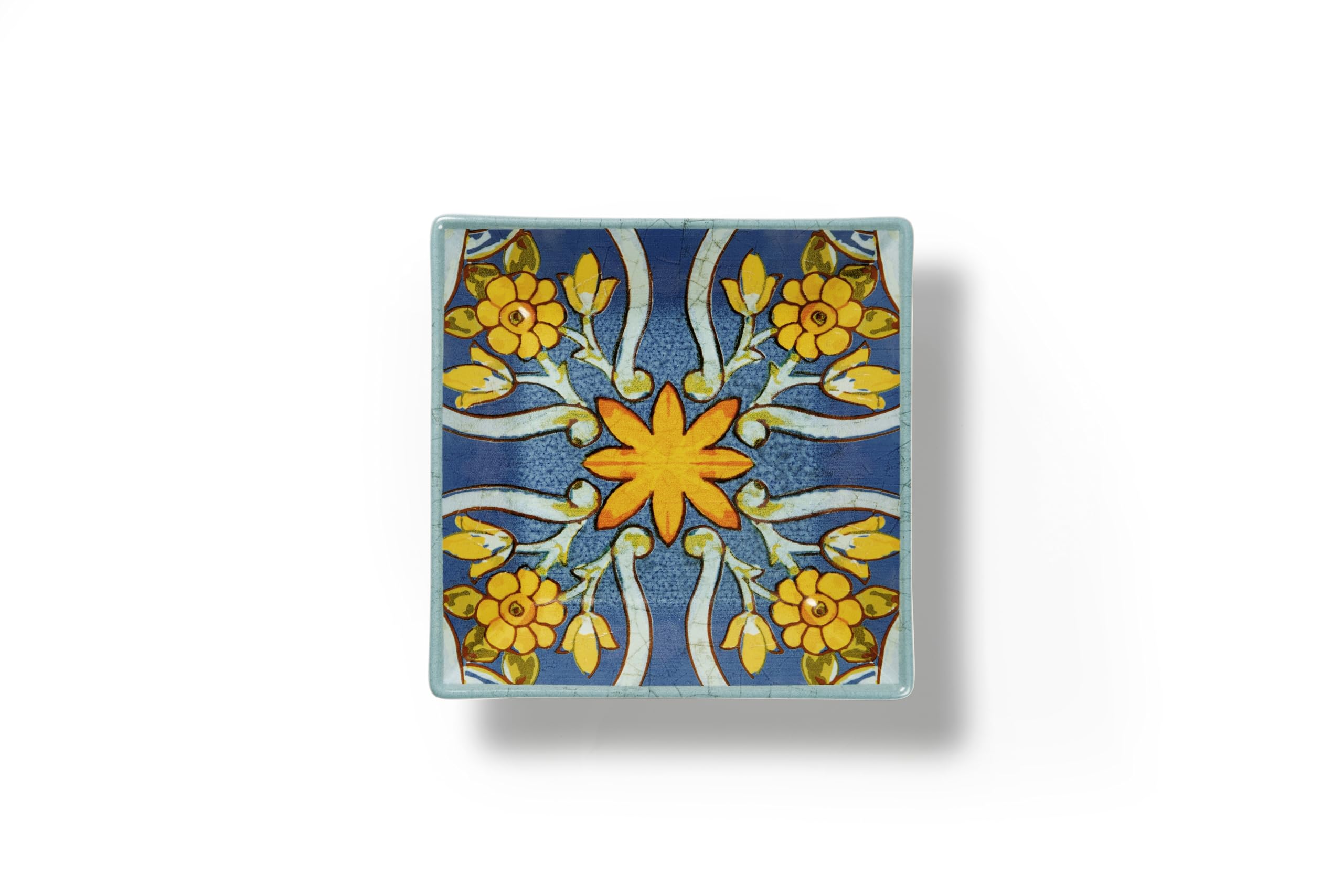Excelsa Trinacria Lot de 6 assiettes creuses carrées en céramique, décoration florale bleue et jaune