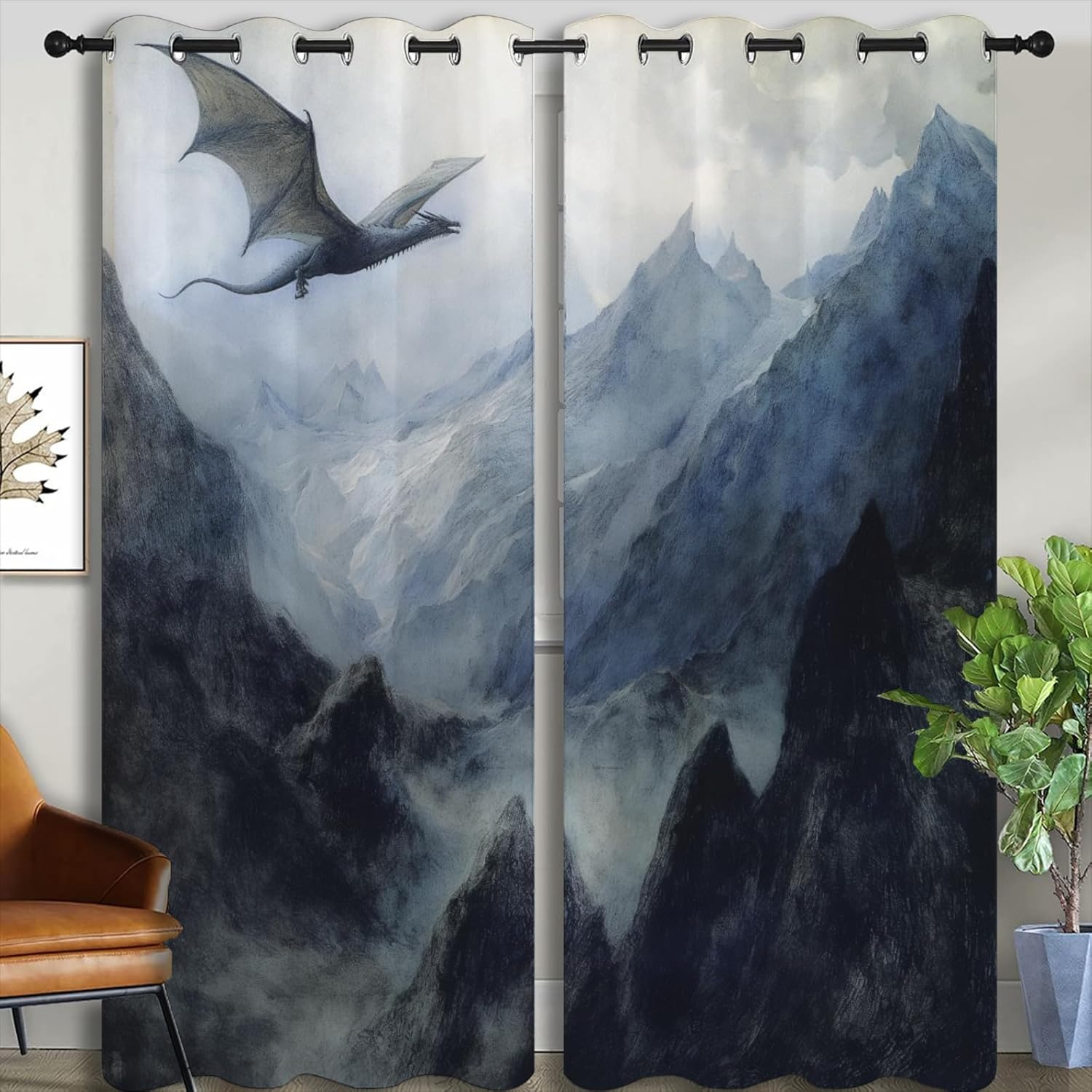 Dragon Blackout Curtains for Boys Girl Bedroom Home Decor, Fantasy Magic Animal Mountains Retro Style Thermal Insulated Grommet Darkening Living Room Window Drapes, 84 x 63 inch