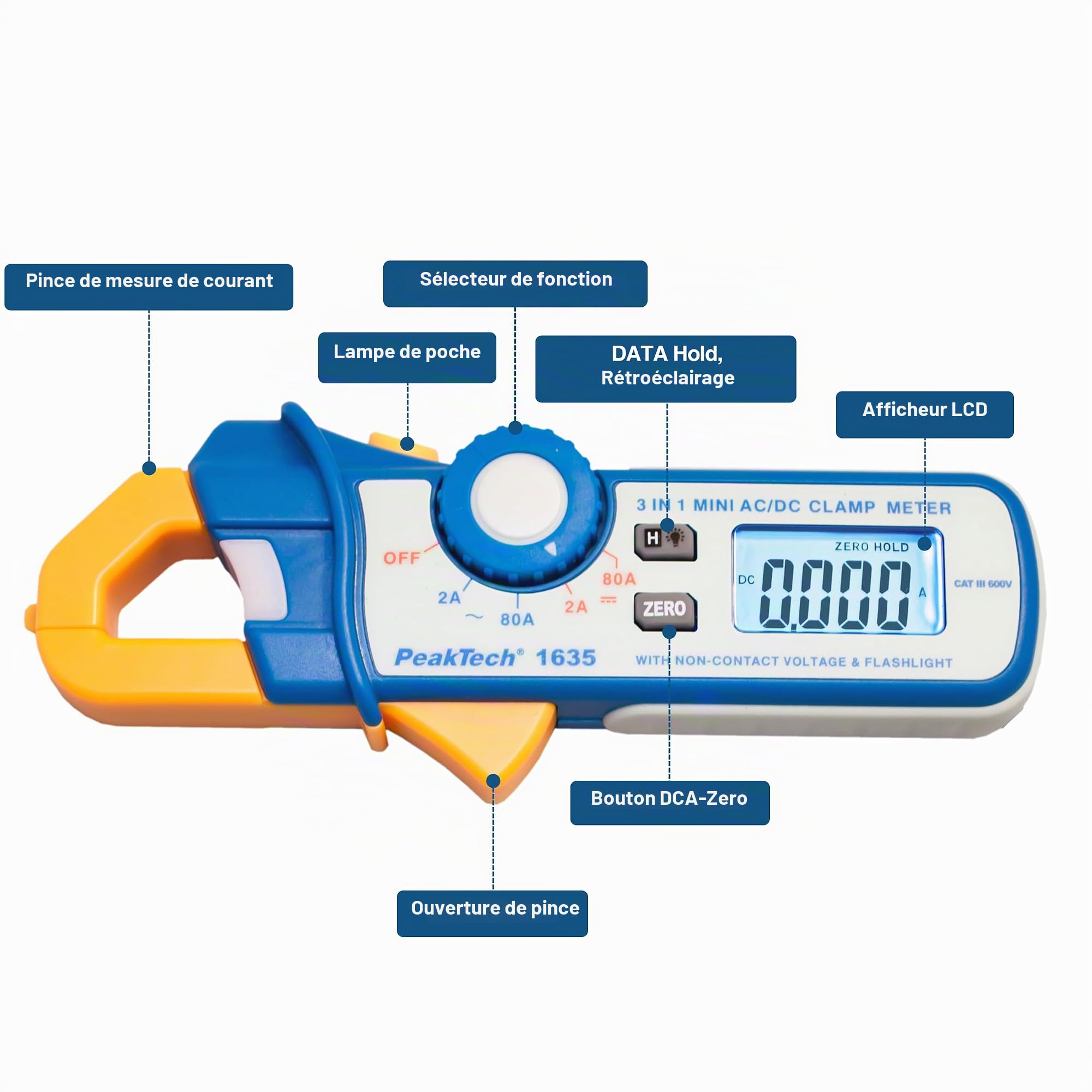 PeakTech P 1635 Pince ampèremétrique, pince ampèremétrique, avec résolution 1 mA et NCV, 1 pièce, P 1635
