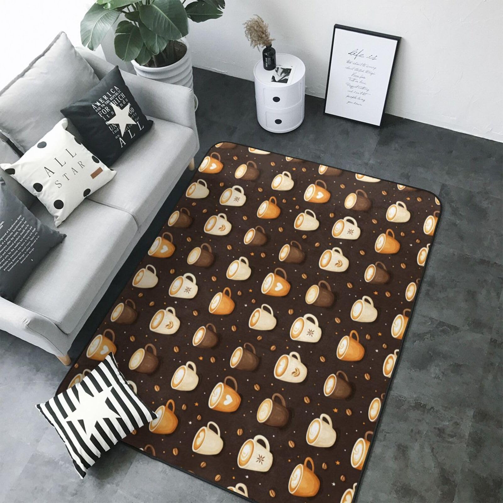 Tapis pour salon lavable et antidérapant imprimé cappuccino grand format
