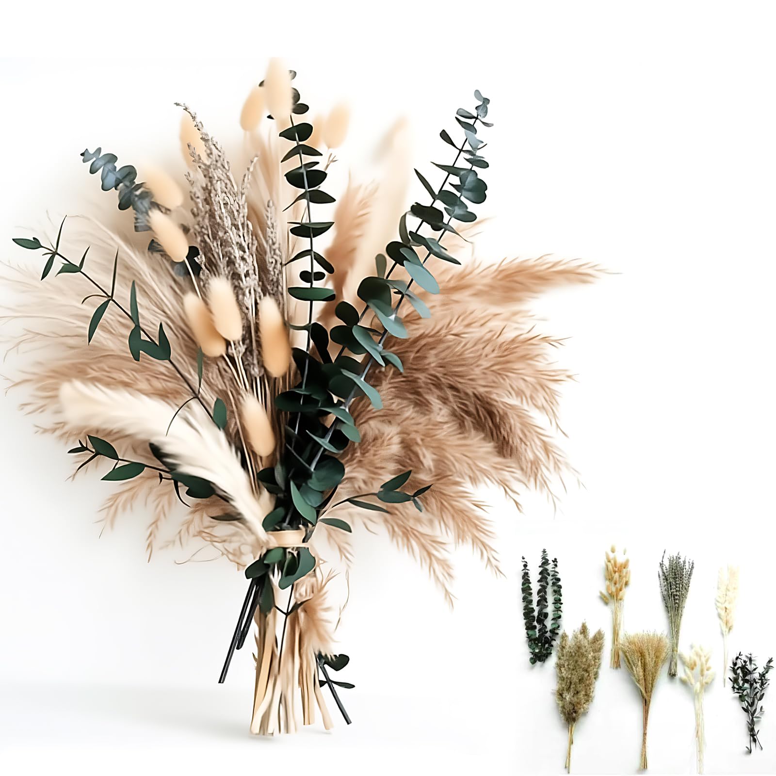 100pcs Green Pampas Grass Dried Flowers Bouquet for Boho Decor, Fluffy Artificial Arrangements for Home and Vases