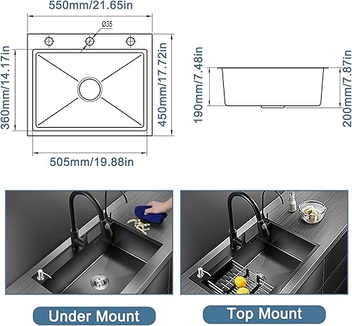Miniatura 5 de Fregadero de cocina de acero inoxidable negro, juego de fregadero de cocina nano con caída de 21.7 x 17.8 pulgadas, fregadero de cocina de un solo