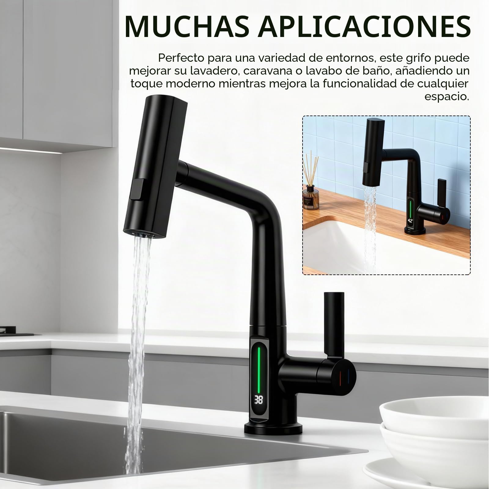 Grifo Cocina Extraible, Grifo de Baño con LED de Temperatura Grifos de Cocina Fregadero con 3 Modos de Flujo de Agua Orientable de 360° grifo de cascada de baño Negro Altura Ajustable