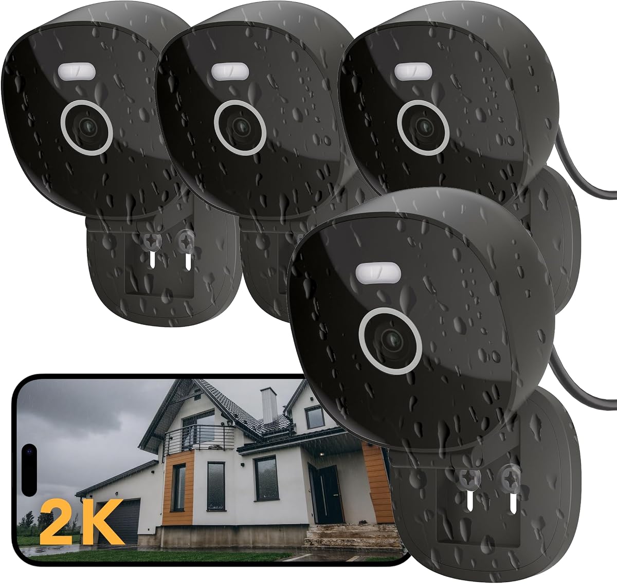 Cámara de seguridad con cable 2K, interior/exterior para el hogar, mascota, bebé, niñera, visión nocturna en color impermeable IP65, luz blanca y sirena, grabación, detección de movimiento, funciona con Alexa,Pulg in, Black-4P