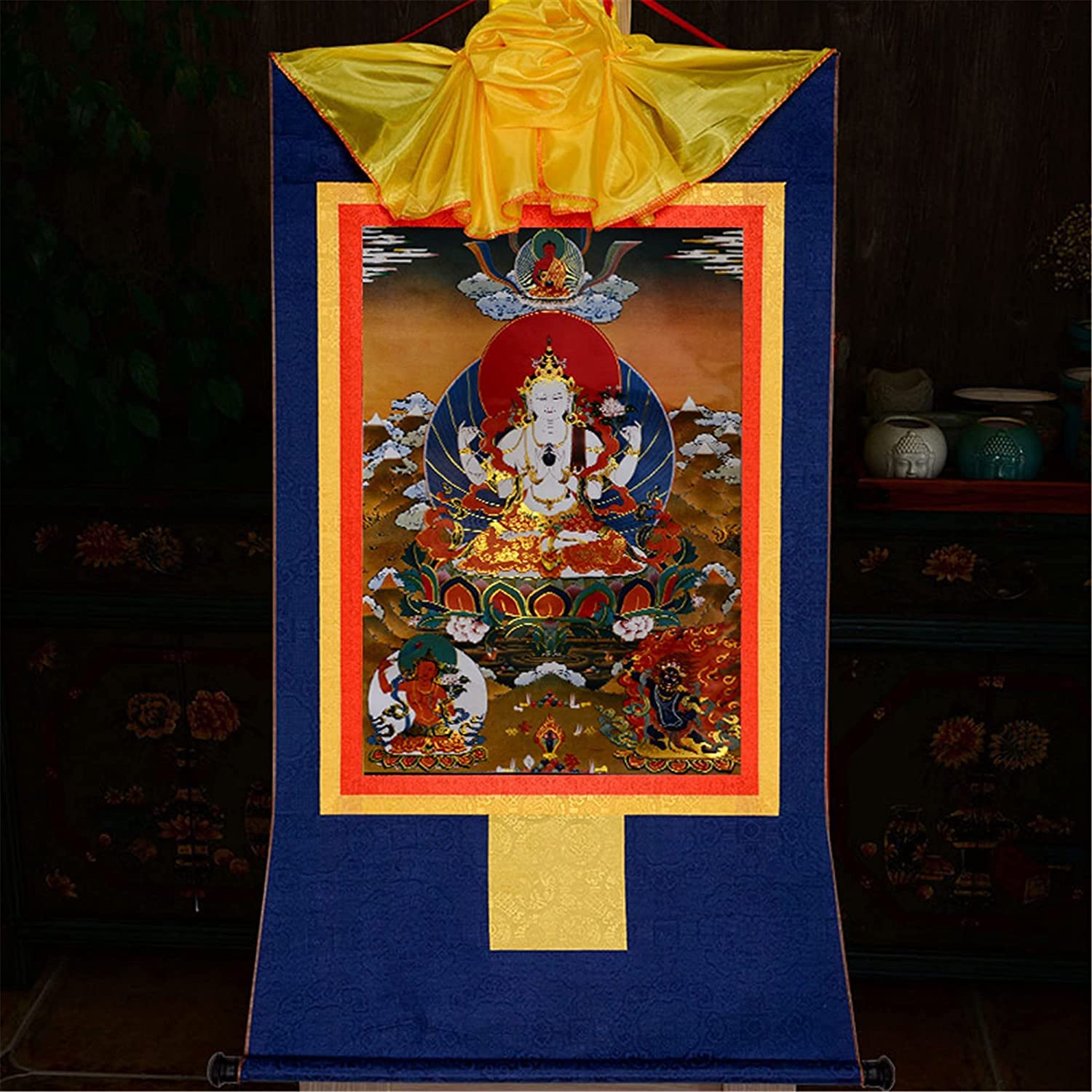 Tapisserie bouddhiste, tapisseries Thangka - Bouddhisme tibétain tantrique Thangka Avalokitesvara à quatre bras, Padmapani, tapisserie bouddhiste en brocart d'estampage à chaud for la méditation de dé