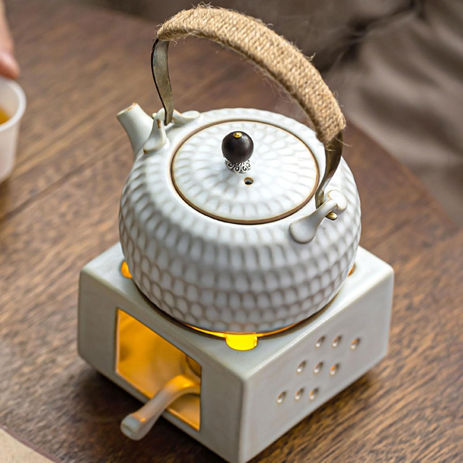 Square Ceramic Teapot Warmer 15.5cm Antique White Glaze with Earth Detachable Tealight Holder for Coffee Milk Tea Home Decor Gift-B