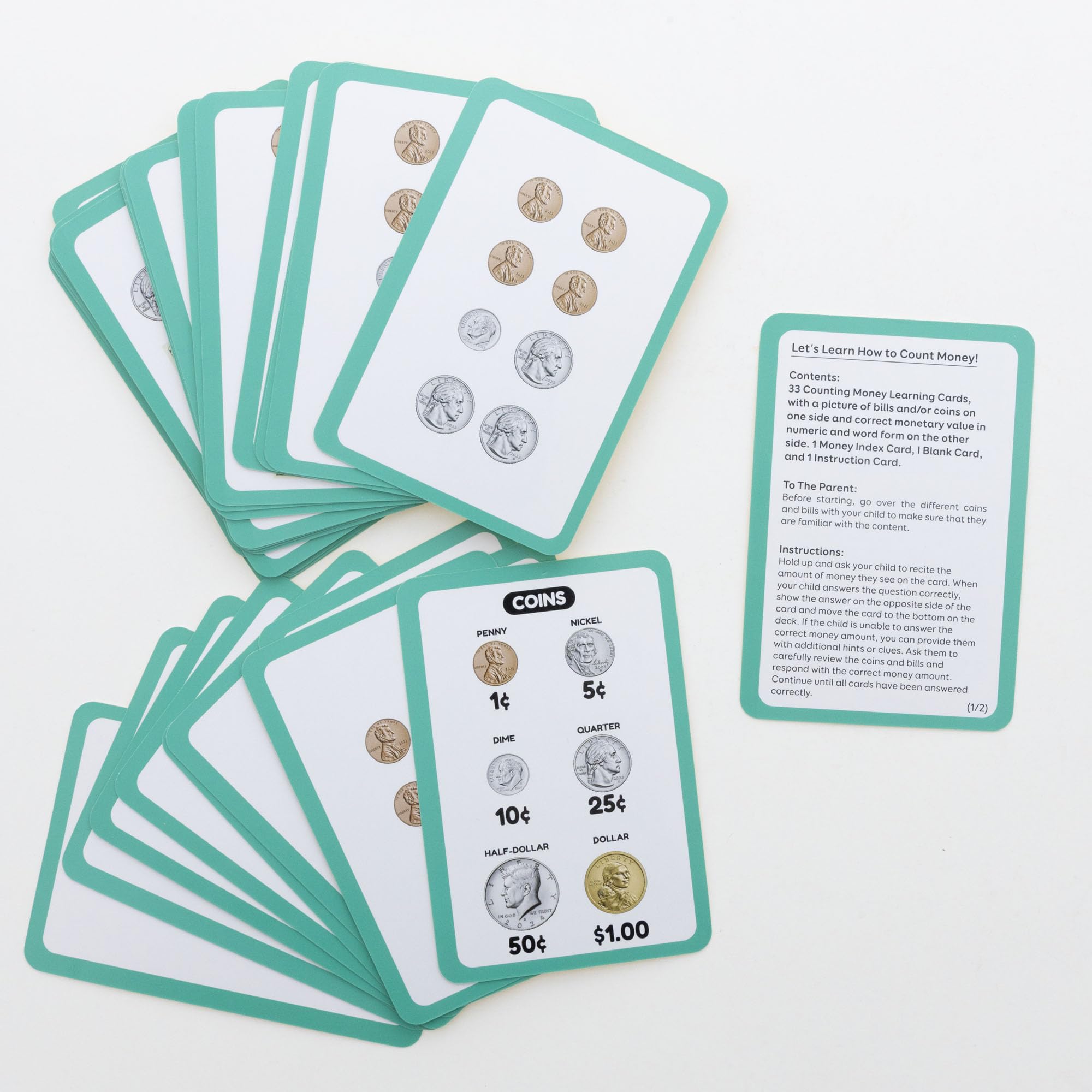 BAZIC - Schede flash per imparare a contare denaro, riconoscere banconote e monete valuta USA, gioco di apprendimento interattivo, flashcard per scuola materna e casa (confezione da 36), confezione da