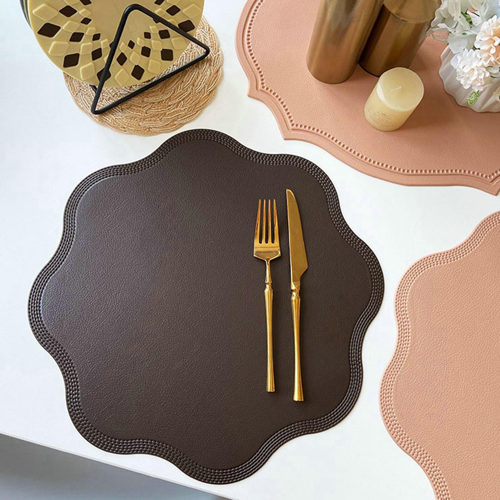 Manteles individuales redondos de tela, 6 unidades, lavable, antideslizante, 38 x 38 cm