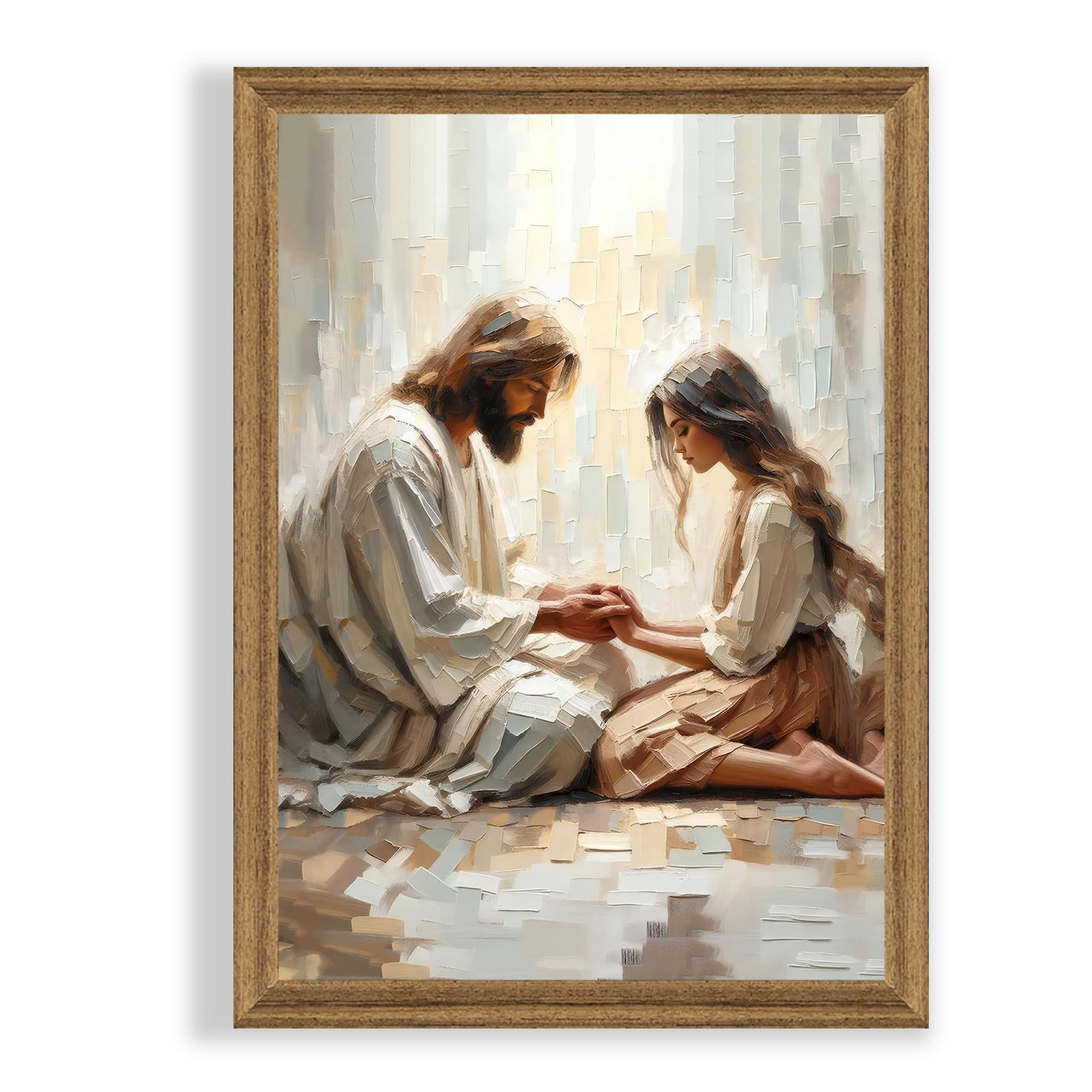 Palette Dreams Jesus and Girl Praying Painting Print Picture Wall Decor Christian Christian Bible Story Poster Print Artwork for Living Room Bedroom Church Prayer Room Decor (16 x 24 Inch Wood Framed)
