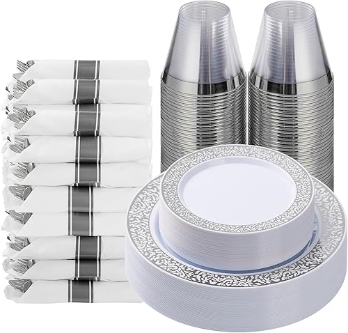 Miniatura 1 de Goodluck 175 Piece Silver Plastic Dinnerware Set for 25 Guests, Disposable Plates Cups Napkins Sets, Include 25 Party Dinner Plates, 25 Dessert