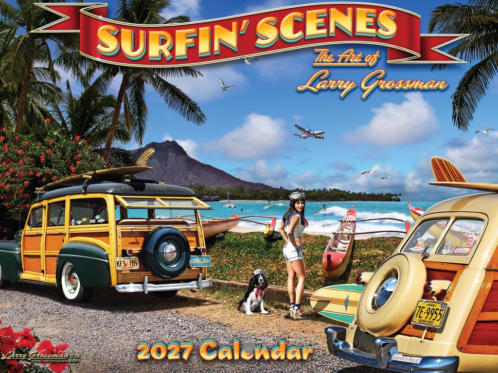 Retro Surfing Car Calendar 2027 Monthly By Larry Grossman Wall Calender 12 Month