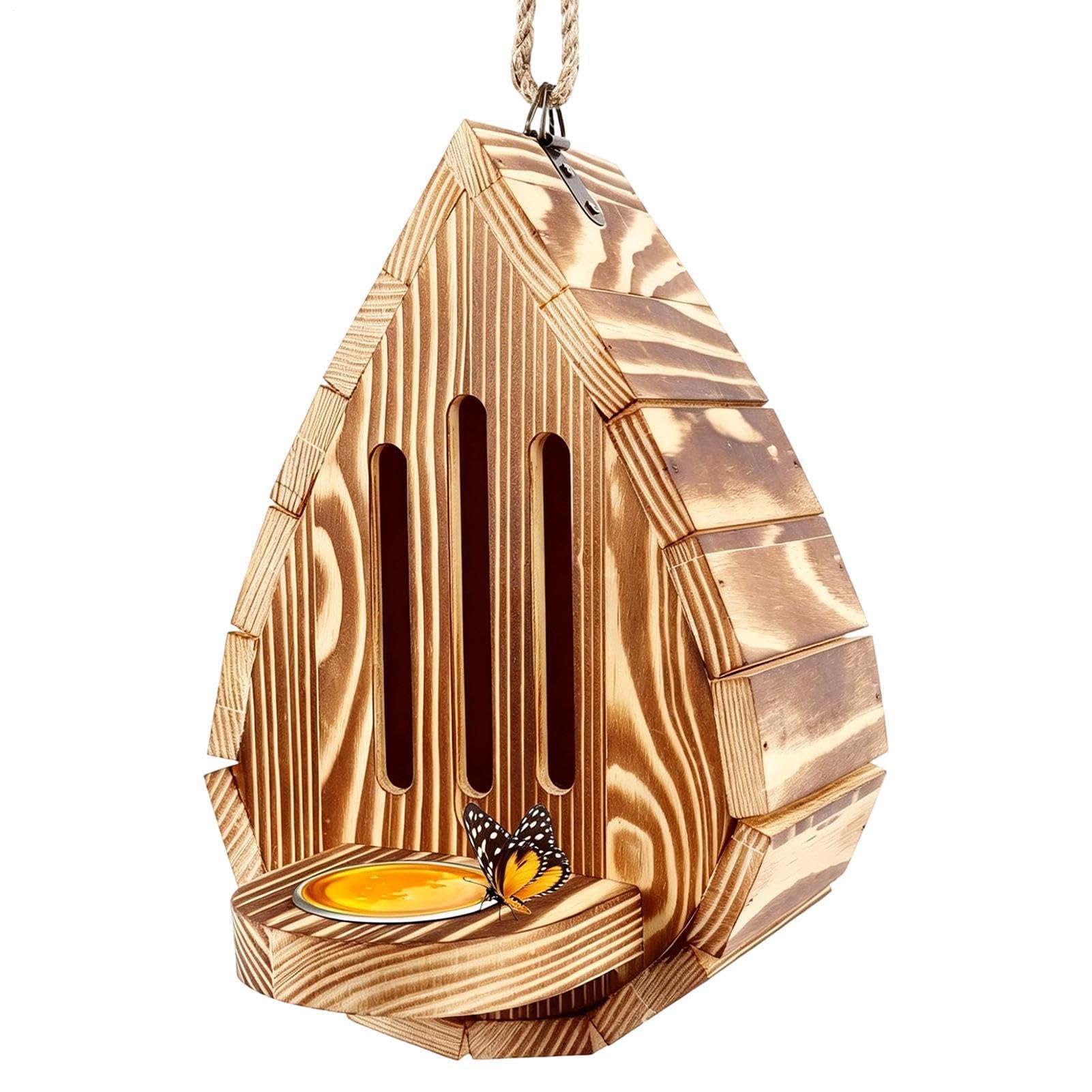 Outdoor Wooden Butterfly House, Hanging Butterfly Habitat With Feeder