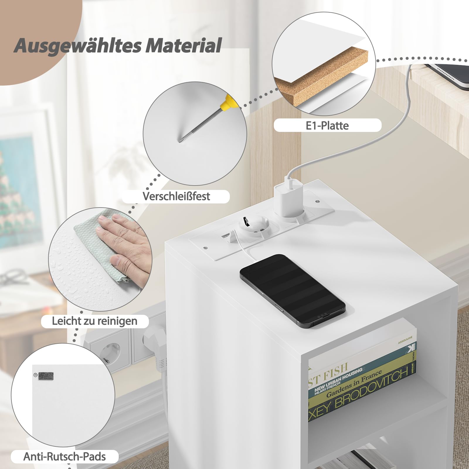 WOLTU Mesita de Noche, Mesilla de Noche con 2 Enchufes y 2 Puertos USB, Mesita Auxiliar con 2 Compartimentos Abiertos, para Salón y Dormitorio, Blanca, 25x30x60 cm, NTS06ws | Mesa auxiliar, 2 puertos USB+2 enchufes, 25 x 30 x 60 cm