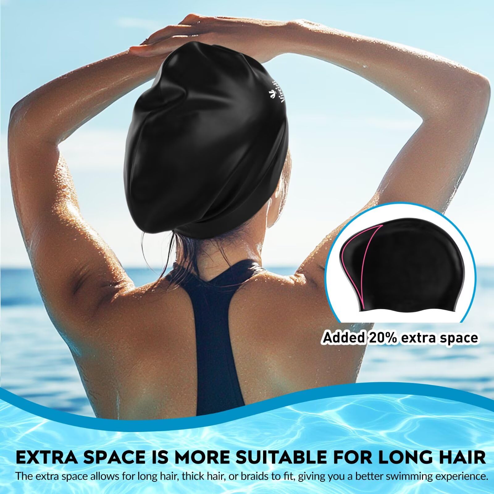 Paquete de 2 gorros de natación grandes para cabello largo, gorro de natación de silicona para adultos, mujeres y hombres, gorros de natación impermeables para mantener el cabello seco con clip de
