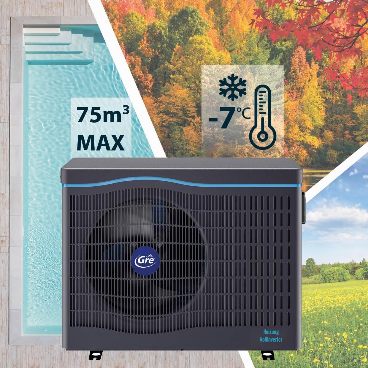 Gre HPGIC45 - Full Inverter-Wärmepumpe für Pools bis zu 45 m³, iAqualink+ App-Steuerung und hohe Energieeffizienz