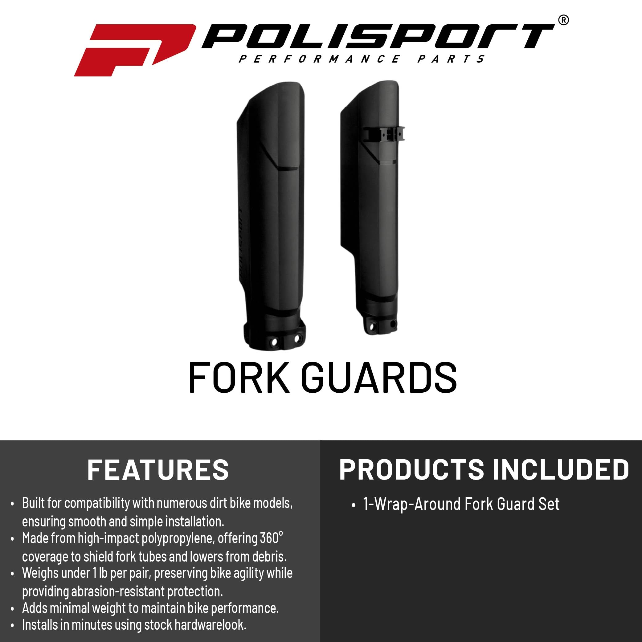 POLISPORT 8399300003 - Protector de horquilla envolvente completo fabricado en plástico resistente a los impactos con motocicletas KTM, HUSQVARNA, GAS GAS, SHERCO en color Negro