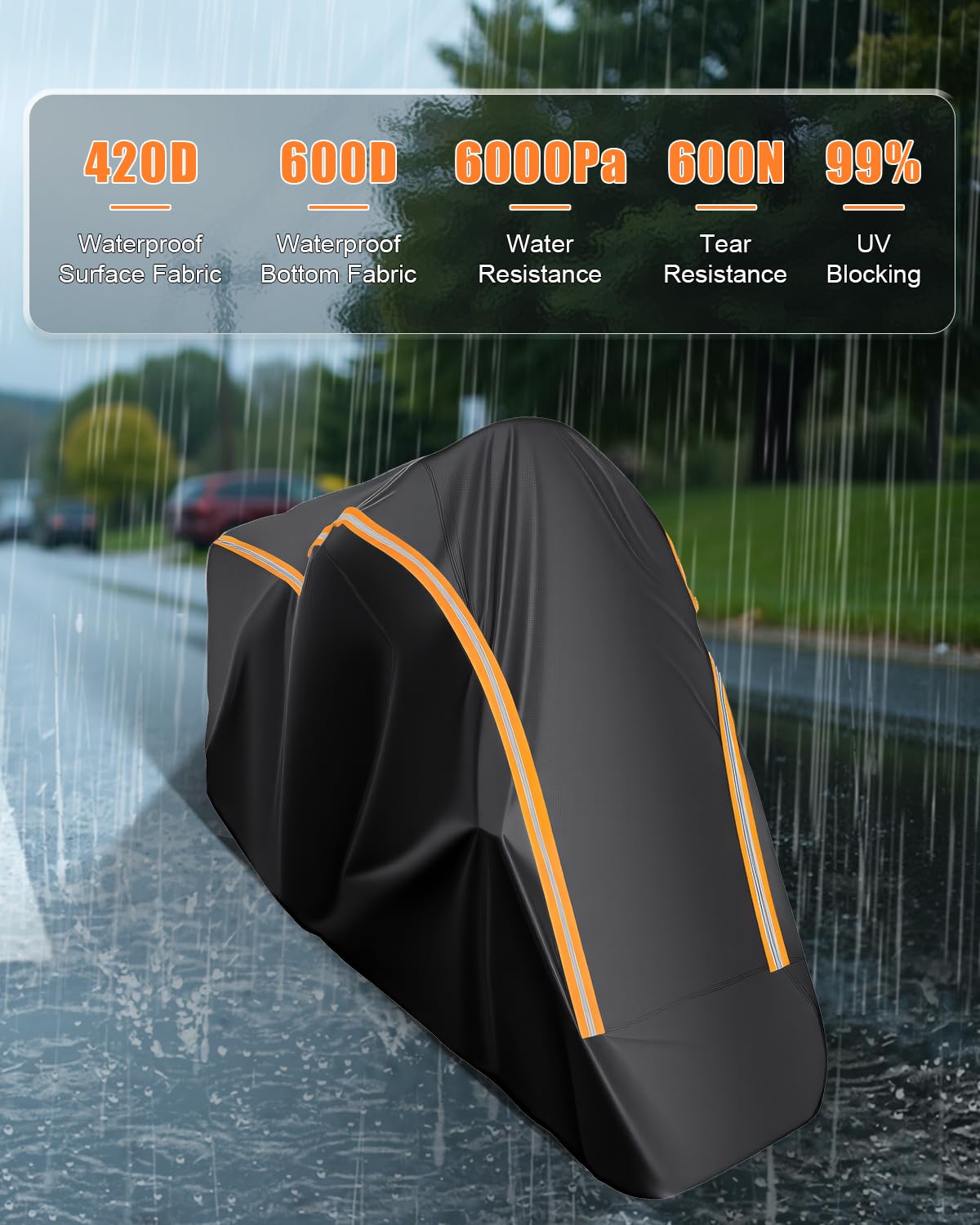 Całkowicie zamknięta plandeka na motocykl, outdoorowa, wodoszczelna, wysokiej jakości plandeka na motocykl z odblaskowymi paskami, do skuterów, skuterów, skuterów, 245 x 115 x 135 cm