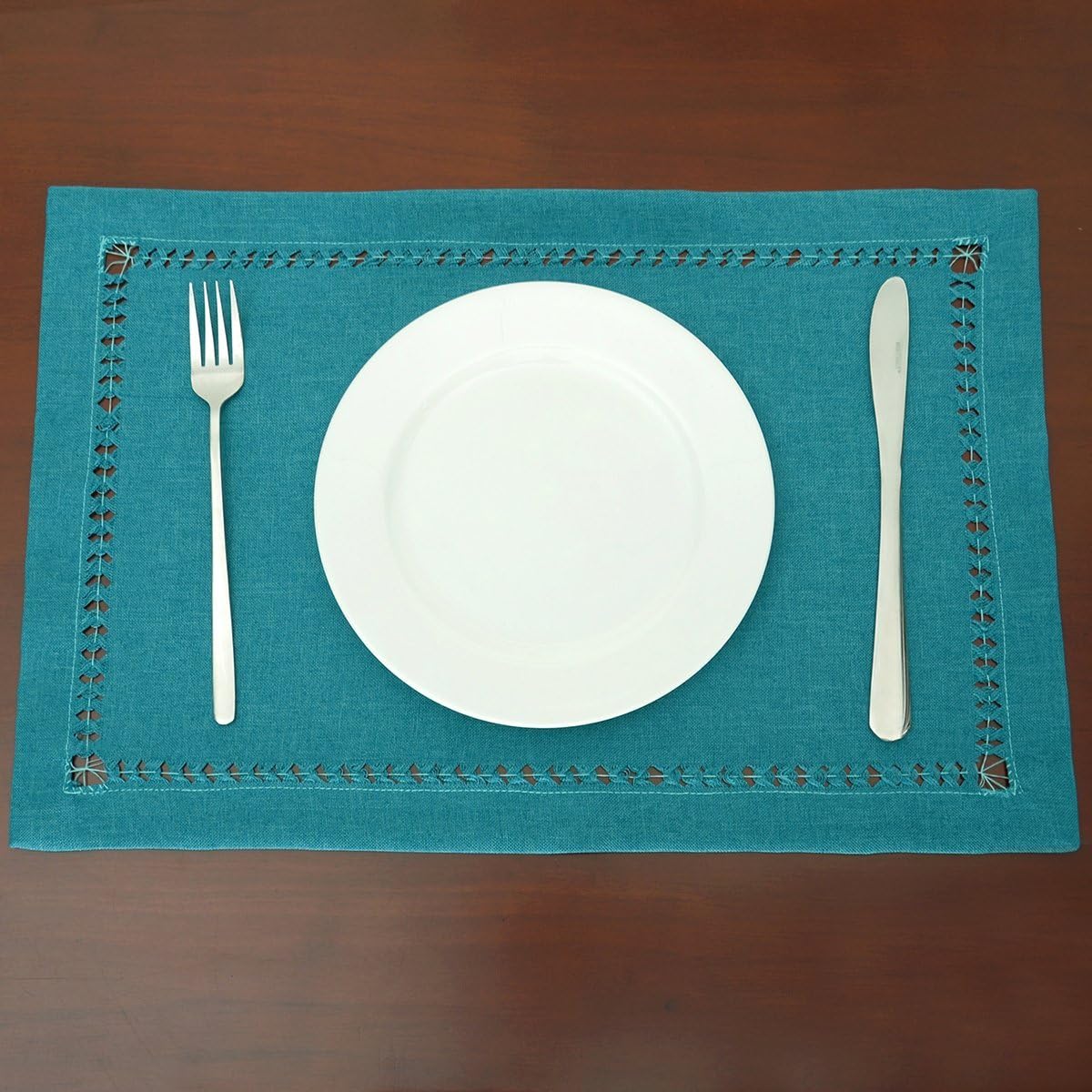 Chеареѕt 🛒 Grelucgo Set of 6 Handmade Hemstitch Teal Table Placemats, Rectangular 12 by 18 Inch