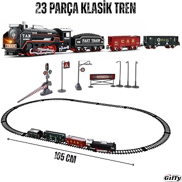 Oyuncak 23 Parça Işıklı Klasik Tren Seti 105Cm 3 Farklı Ray Modeli Pilli Retro Kara Tren Otomatik On Aç Bırak
