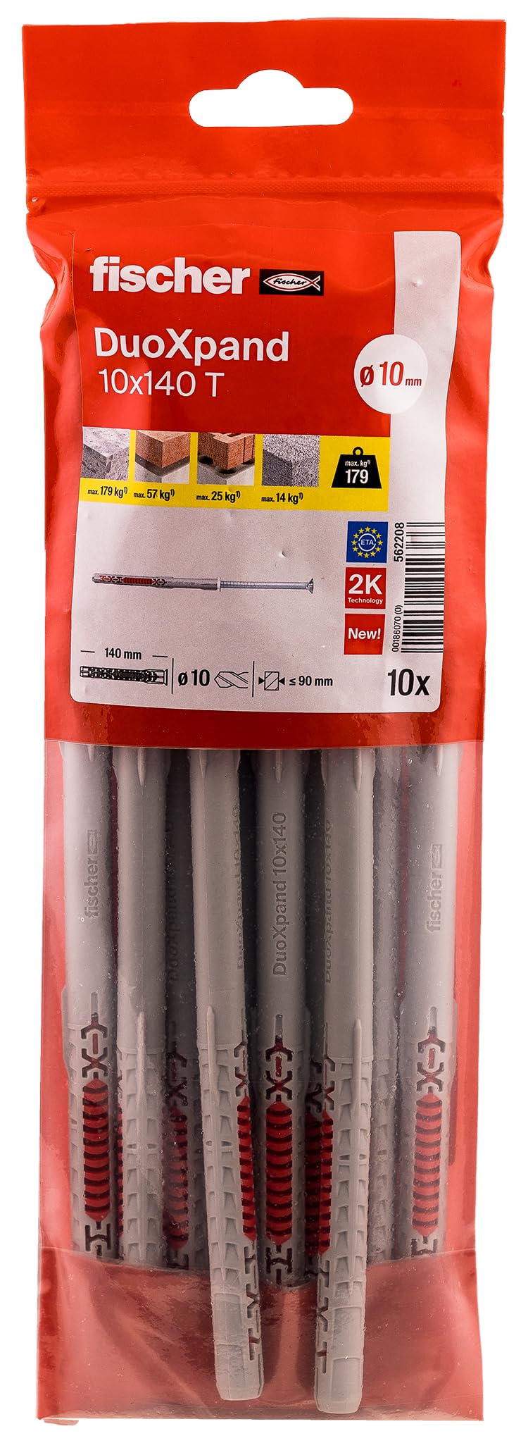Fischer Red Duoxpand 10 X 140 T, High Quality Universal Dowel With Galvanised Countersunk Screw (Pack Of 10), Dowels For Strong Hold, Ideal For Porous Building Materials & Close To Edge Anchors Indoors