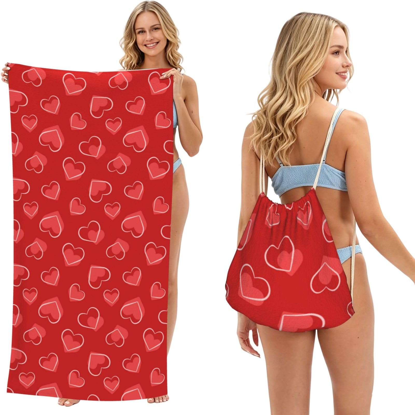 Poadnly As Picture Valentine's Day Love Heart, 2 In 1 Packable Towel Bag, Beach Towels With Drawstring Backpack For Travel Holiday Camping